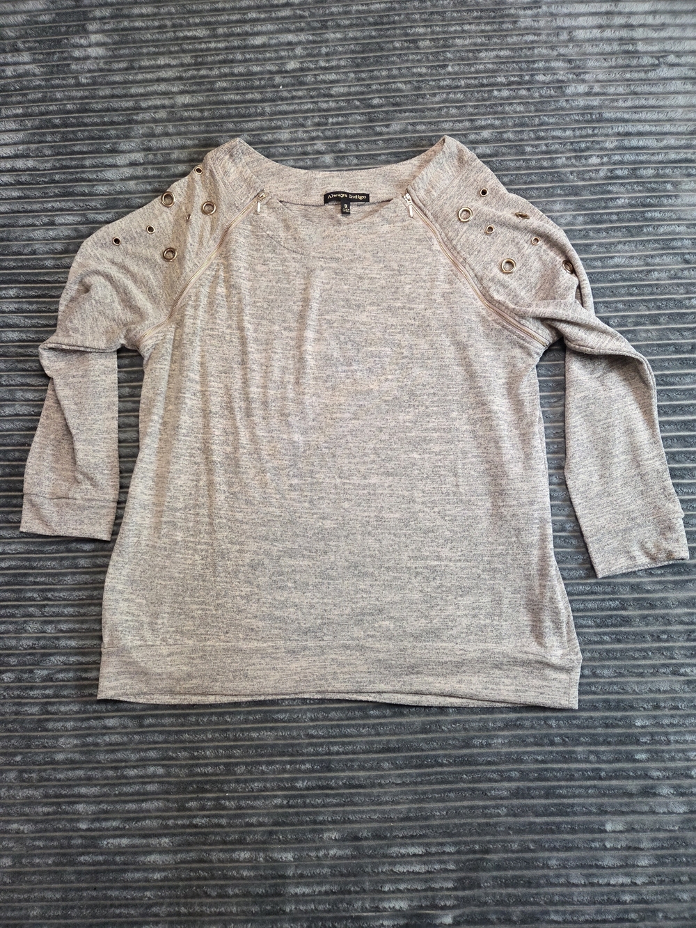 Light Taupe Scoop Neck Sweater with Grommet Shoulder Detail